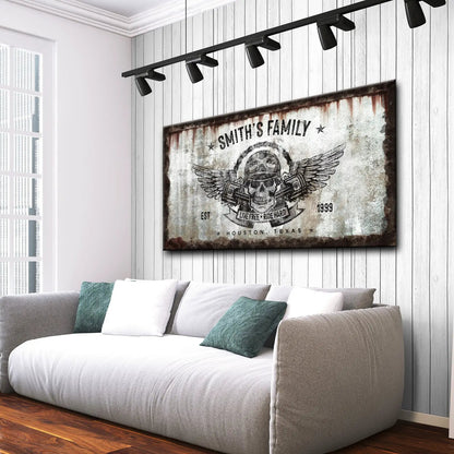 Live Free Ride Hard Sign canvas by Tailored Canvases with skull wings on rustic backdrop on Tampa Home & Garden Store