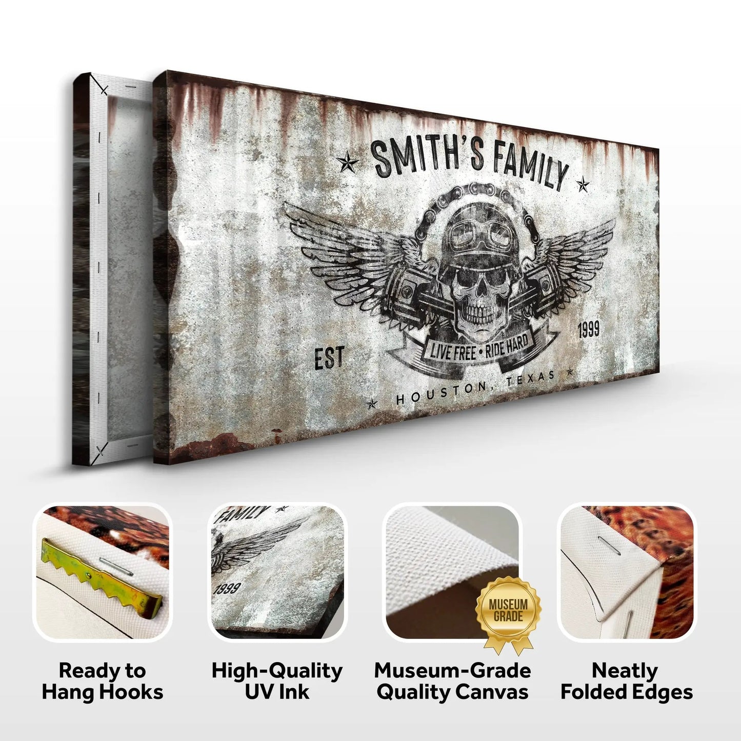 Live Free Ride Hard Sign canvas by Tailored Canvases, rustic distressed canvas with skull wings on Tampa Home & Garden Store