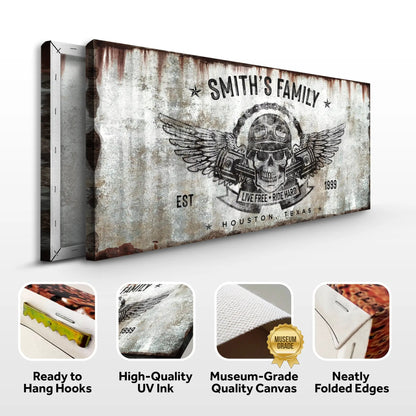 Live Free Ride Hard Sign canvas by Tailored Canvases, rustic distressed canvas with skull wings on Tampa Home & Garden Store