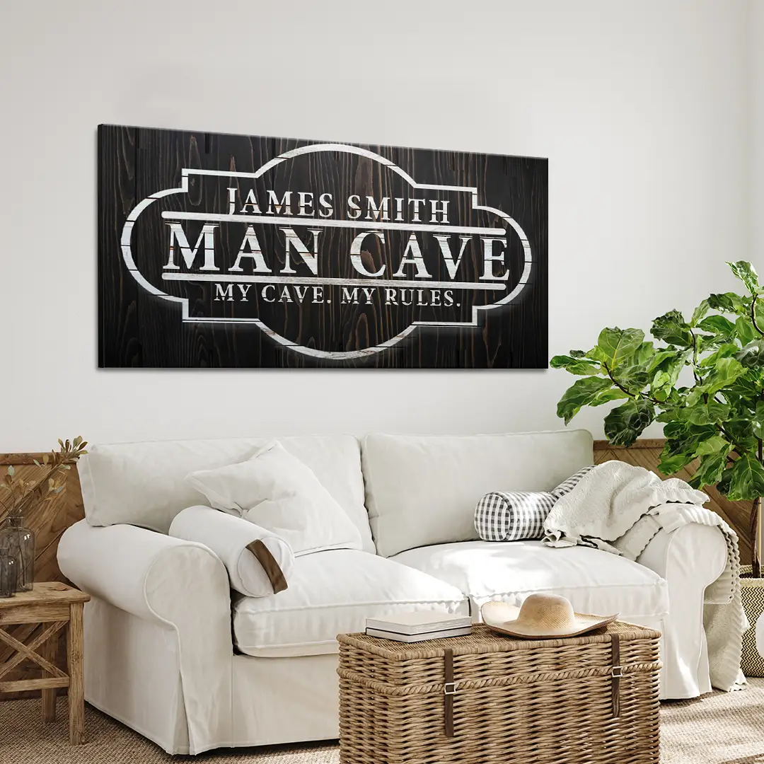 My Cave My Rules sign canvas by Tailored Canvases, dark wood wall art with white lettering on Tampa Home & Garden Store