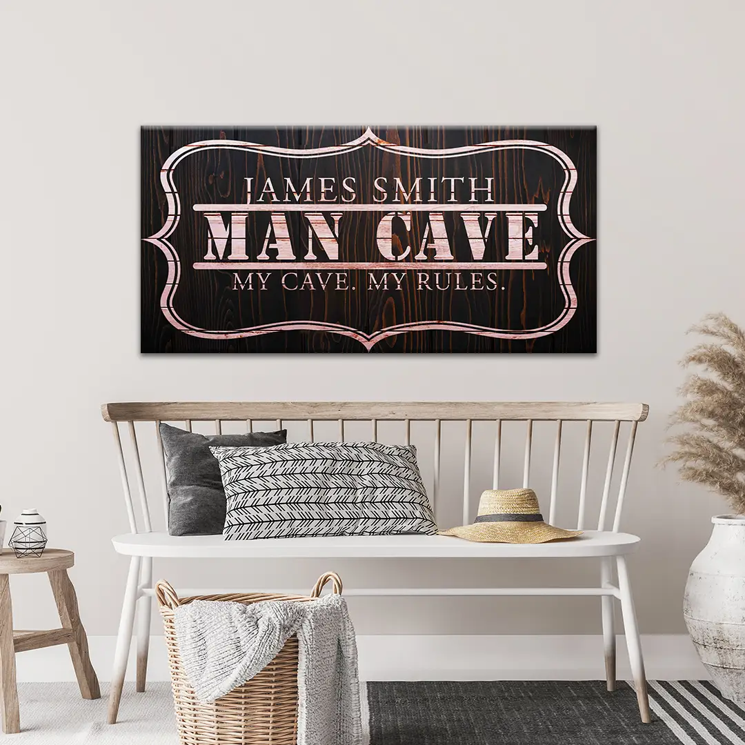 My Cave My Rules crafting canvas sign with pink text on dark woodgrain background on Tampa Home & Garden Store