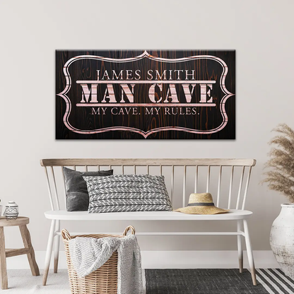 My Cave My Rules crafting canvas sign with pink text on dark woodgrain background on Tampa Home & Garden Store