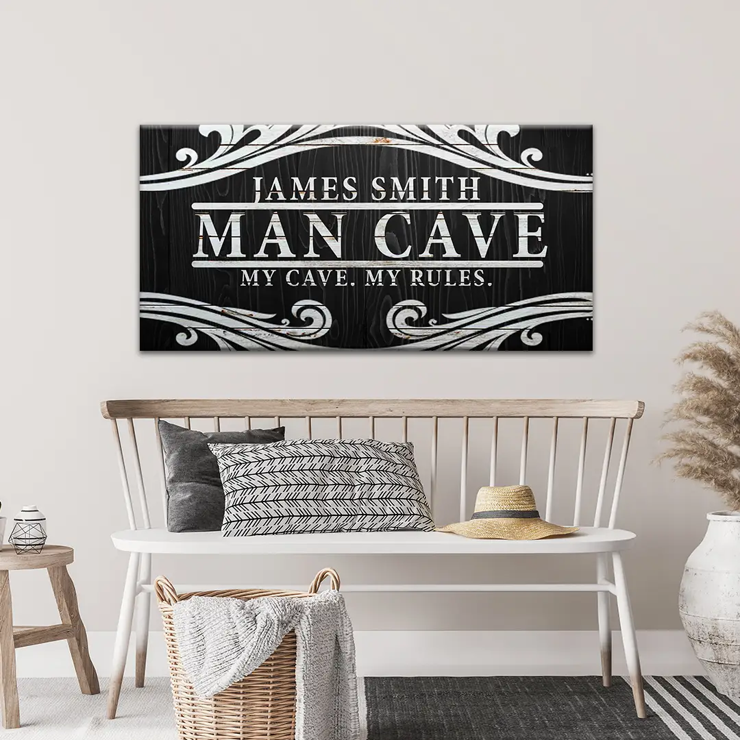 My Cave My Rules Sign canvas by Tailored Canvases, black with white decorative scrollwork on Tampa Home & Garden Store