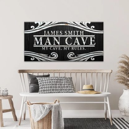 My Cave My Rules Sign canvas by Tailored Canvases, black with white decorative scrollwork on Tampa Home & Garden Store