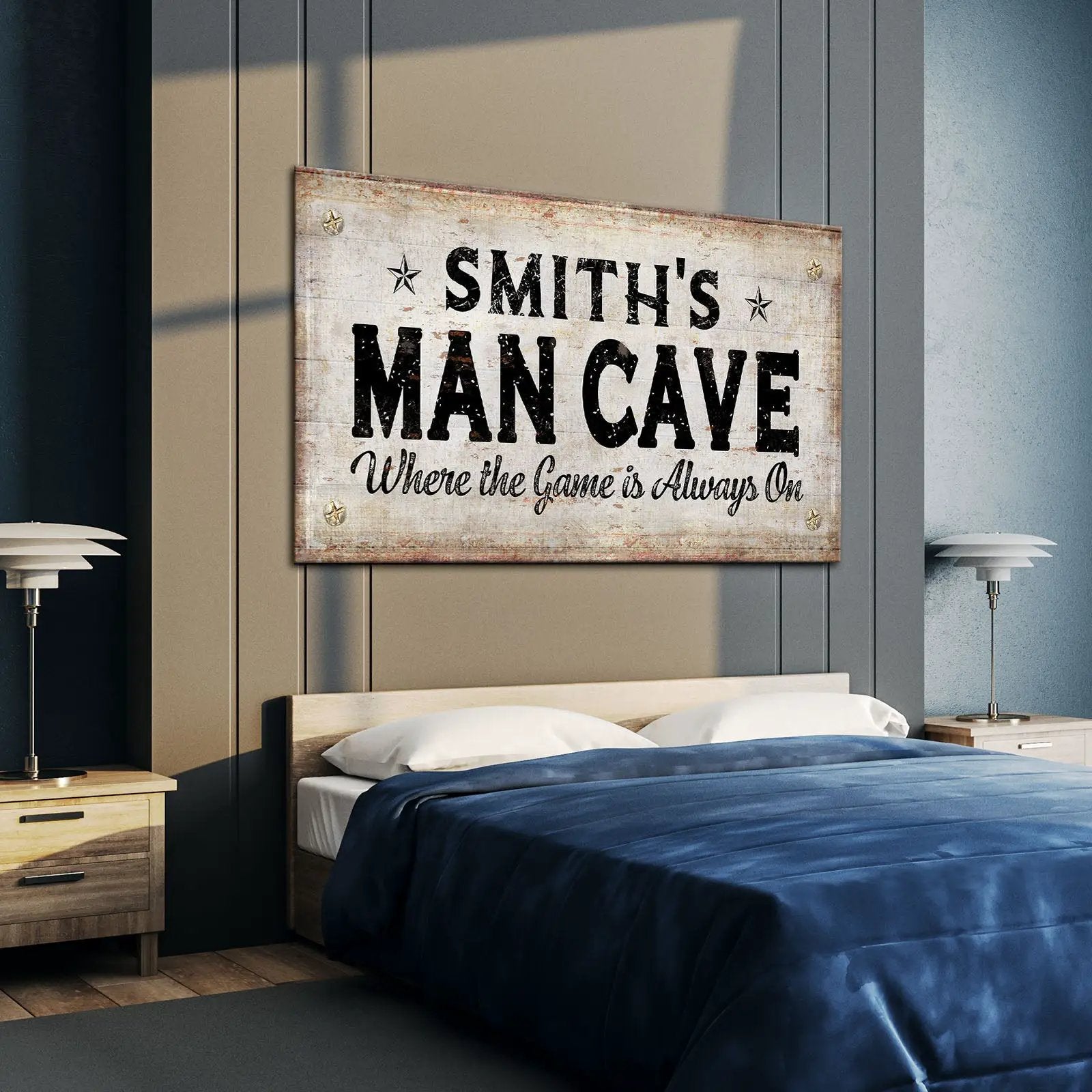 Man Cave Sign canvas on distressed wood with bold black lettering above bed by Tailored Canvases Crafting Canvas on Tampa Home & Garden Store