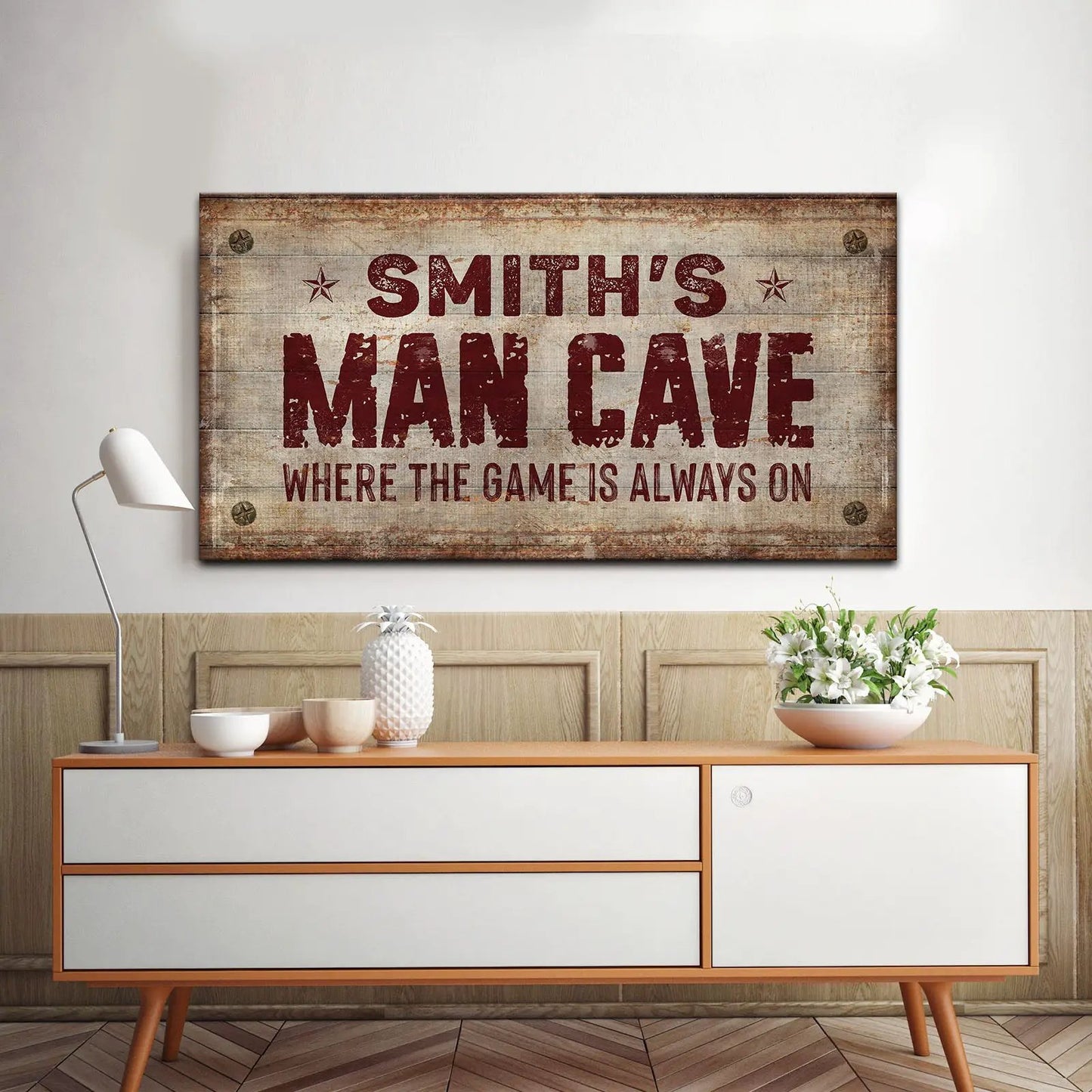 Where the Game is Always On Man Cave Sign canvas with distressed wood and red text on Tampa Home & Garden Store