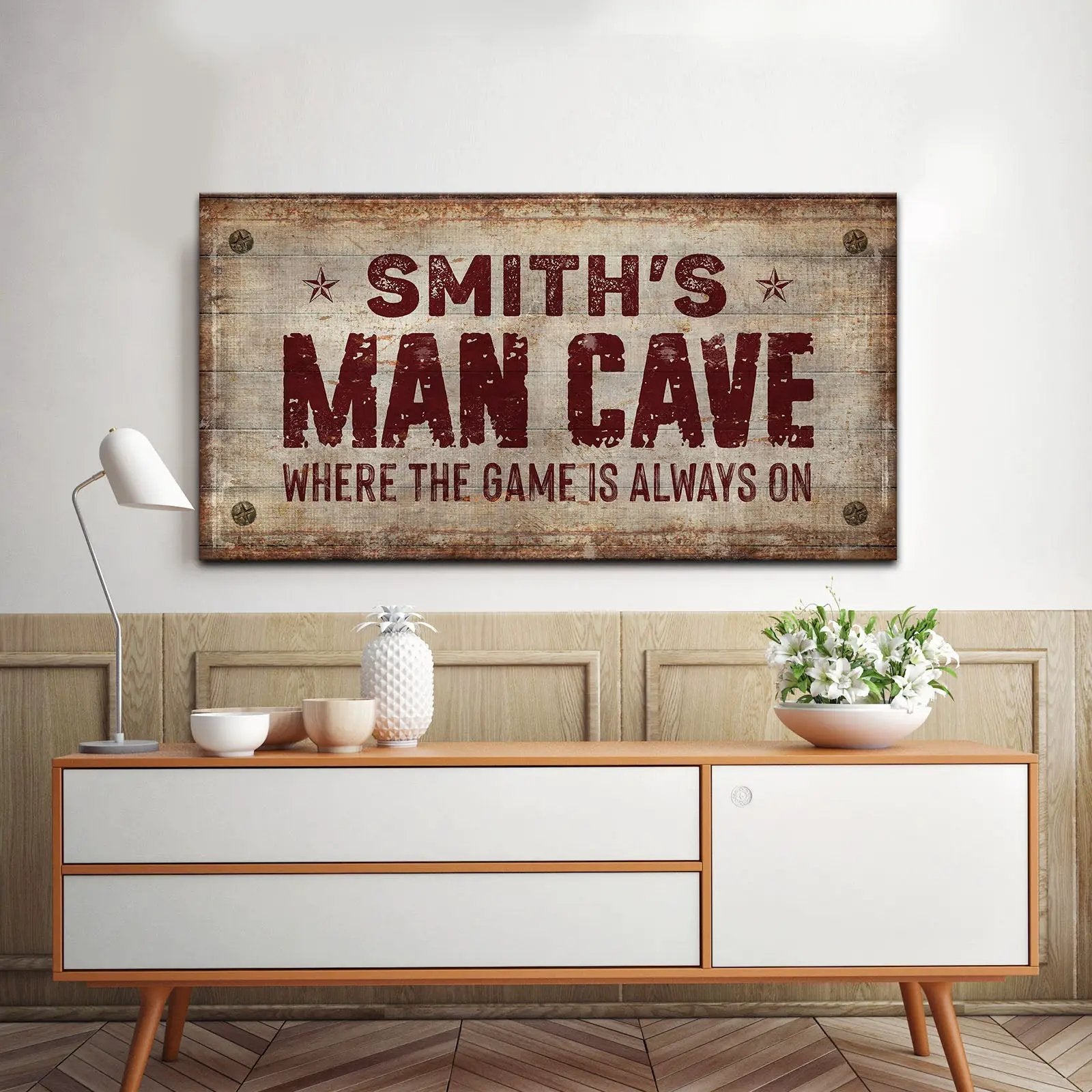 Where the Game is Always On Man Cave Sign canvas with distressed wood and red text on Tampa Home & Garden Store