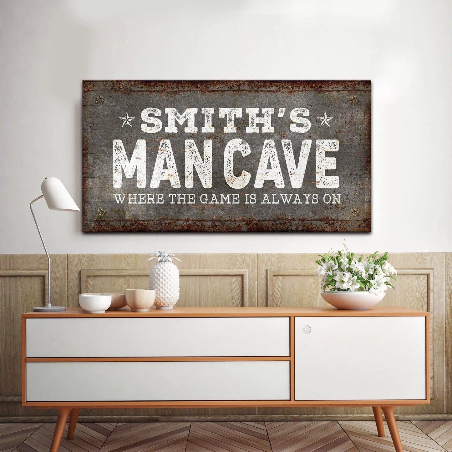 Canvas wall sign SMITH'S MANCAVE with WHERE THE GAME IS ALWAYS ON rustic gray backdrop on Tampa Home & Garden Store
