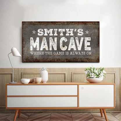 Canvas wall sign SMITH'S MANCAVE with WHERE THE GAME IS ALWAYS ON rustic gray backdrop on Tampa Home & Garden Store