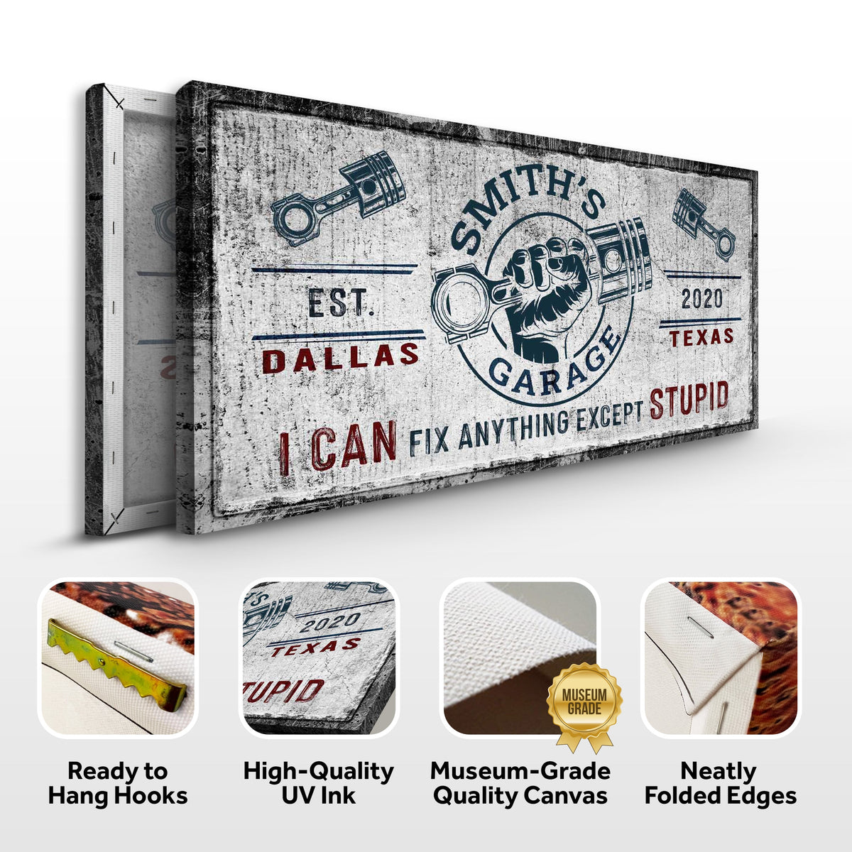 Family Garage Sign canvas by Tailored Canvases with distressed gray texture and pistons on Tampa Home & Garden Store