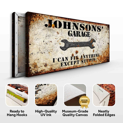 Garage Sign canvas by Tailored Canvases Johnson's Garage on rusty vintage metal with wrench on Tampa Home & Garden Store