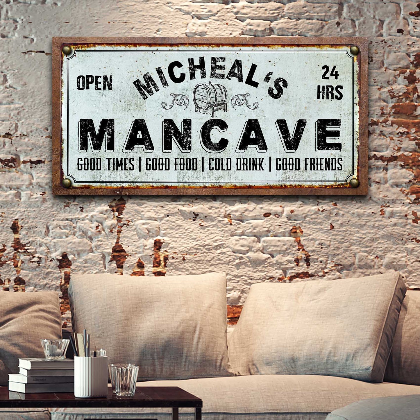 Man Cave Sign canvas wall art by Tailored Canvases; rusty frame, MANCAVE lettering on brick on Tampa Home & Garden Store