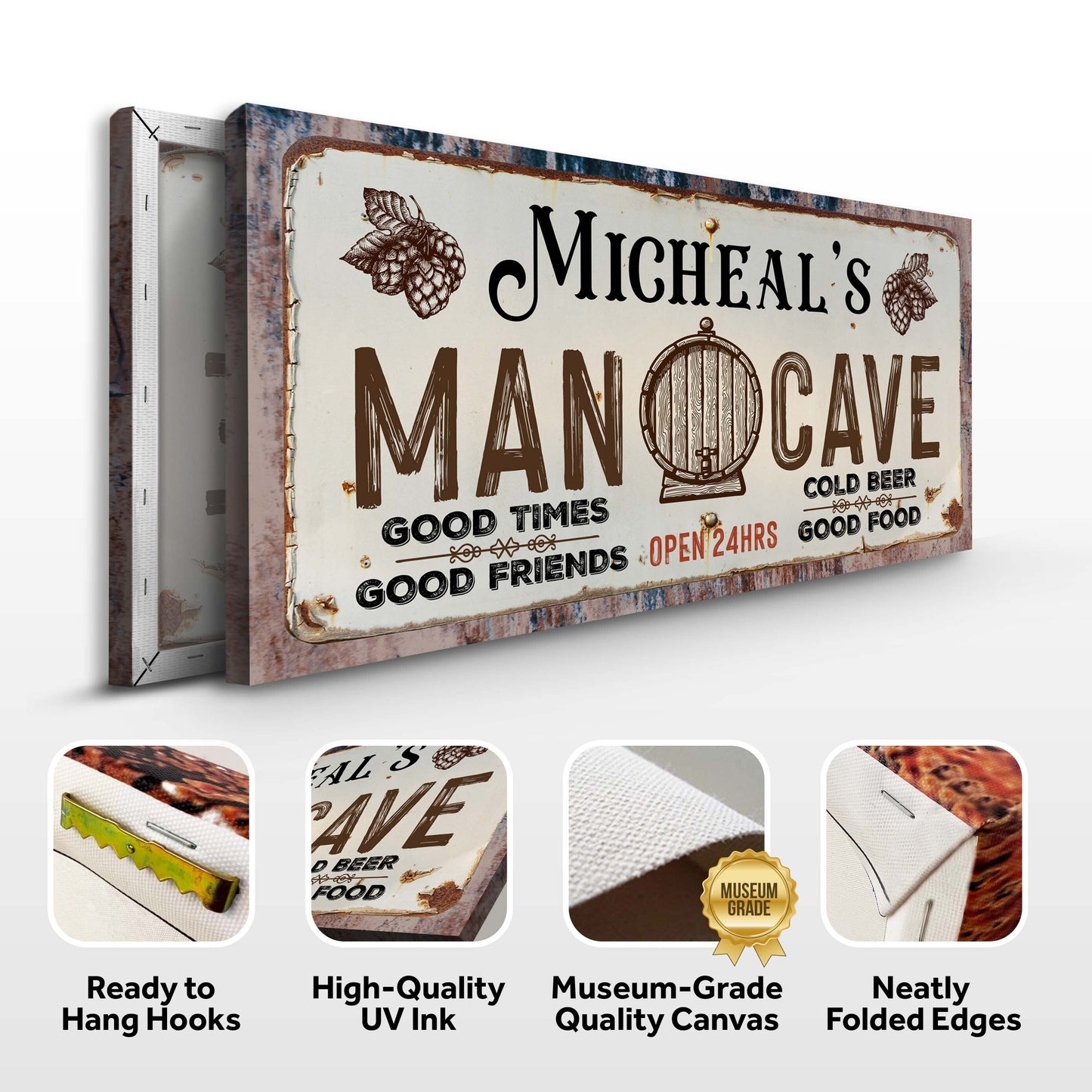 Man Cave Sign III canvas by Tailored Canvases, vintage distressed sign with bold lettering on Tampa Home & Garden Store