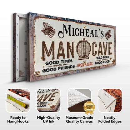 Man Cave Sign III canvas by Tailored Canvases, vintage distressed sign with bold lettering on Tampa Home & Garden Store
