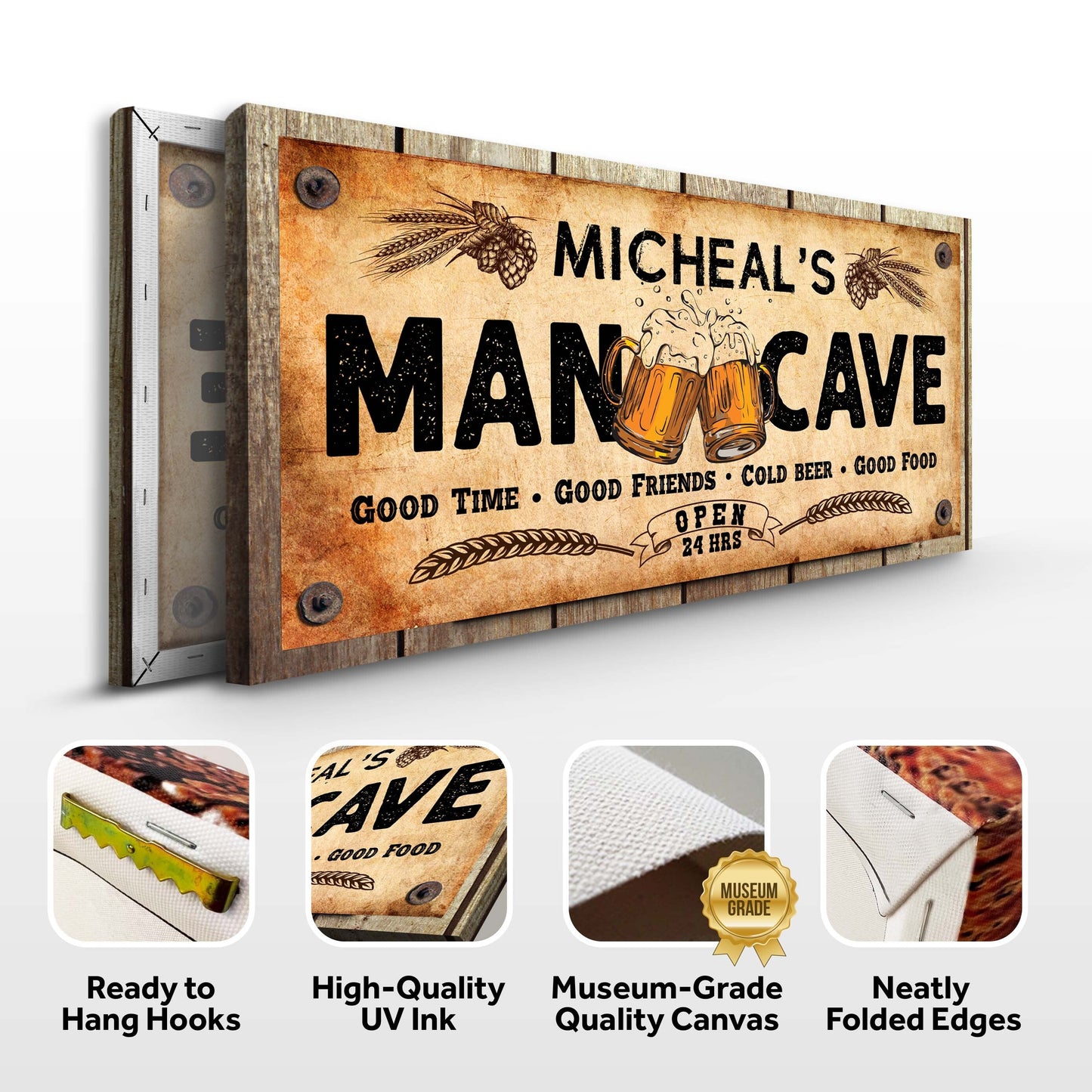 Man Cave Sign IV canvas on rustic wood beige panel Tailored Canvases MANCAVE beer mugs hops on Tampa Home & Garden Store
