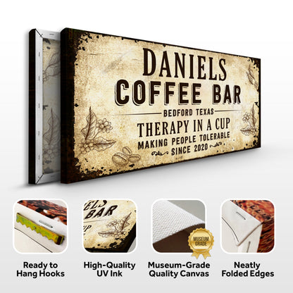 Canvas Therapy In A Cup Coffee Bar sign by Tailored Canvases, vintage distressed beige on Tampa Home & Garden Store