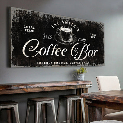 Coffee Bar Sign V canvas by Tailored Canvases, coffee cup illustration on black canvas on Tampa Home & Garden Store