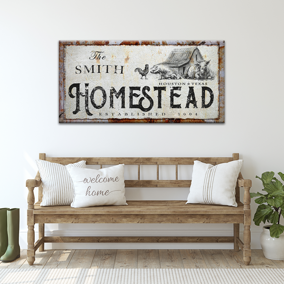 Homestead Sign canvas wall art Tailored Canvases rustic distressed white finish with barn scene on Tampa Home & Garden Store
