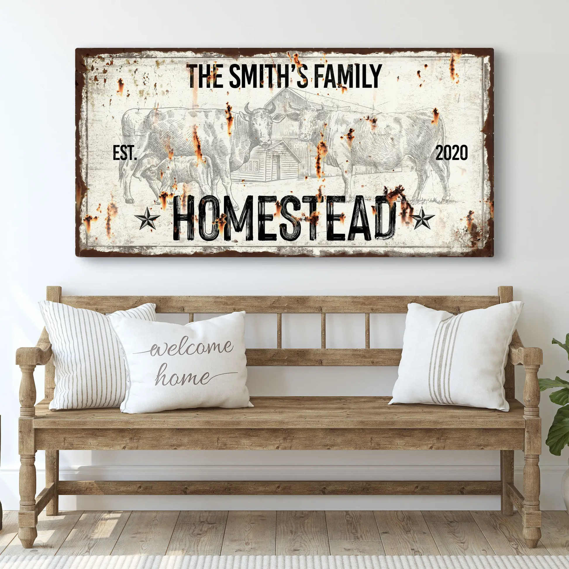 Rustic Homestead Sign crafting canvas by Tailored Canvases with cows and barn illustration on Tampa Home & Garden Store