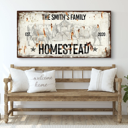 Rustic Homestead Sign crafting canvas by Tailored Canvases with cows and barn illustration on Tampa Home & Garden Store