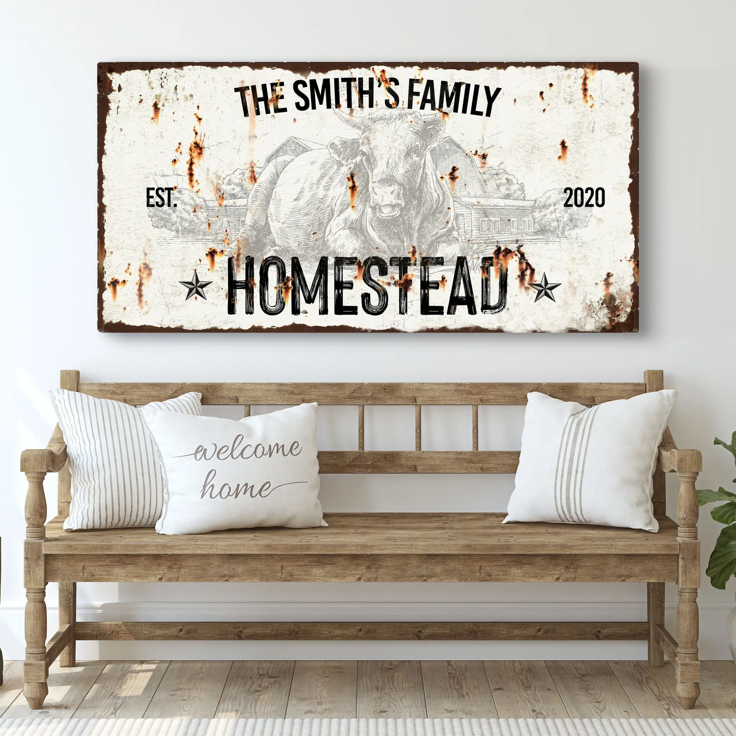 Rustic homestead sign canvas by Tailored Canvases with THE SMITH'S FAMILY and HOMESTEAD text on Tampa Home & Garden Store