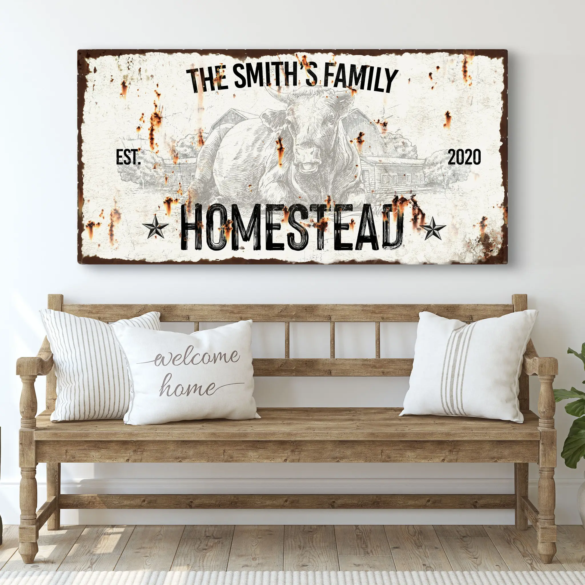 Rustic homestead sign canvas by Tailored Canvases with THE SMITH'S FAMILY and HOMESTEAD text on Tampa Home & Garden Store