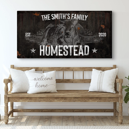 Rustic homestead sign canvas with cattle head and barn, distressed white HOMESTEAD text EST. 2020 on Tampa Home & Garden Store