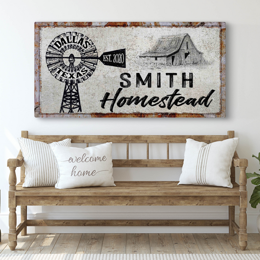 Homestead Sign II canvas with rustic windmill, barn image and distressed finish on Tampa Home & Garden Store