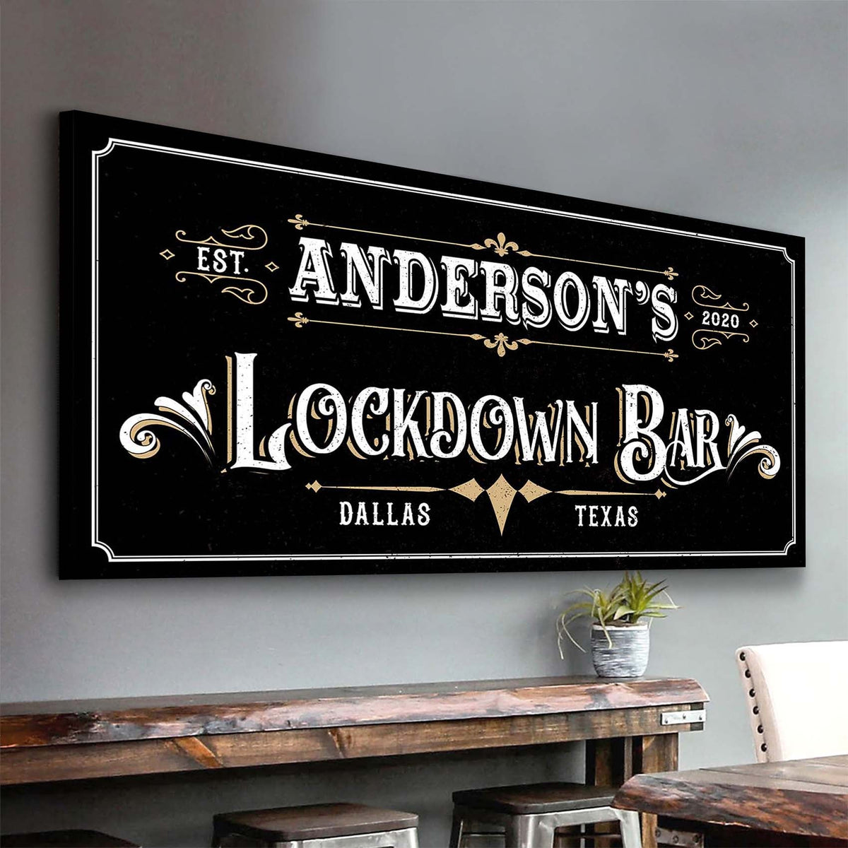 Lockdown Bar Sign canvas by Tailored Canvases in black with white gold typography on Tampa Home & Garden Store