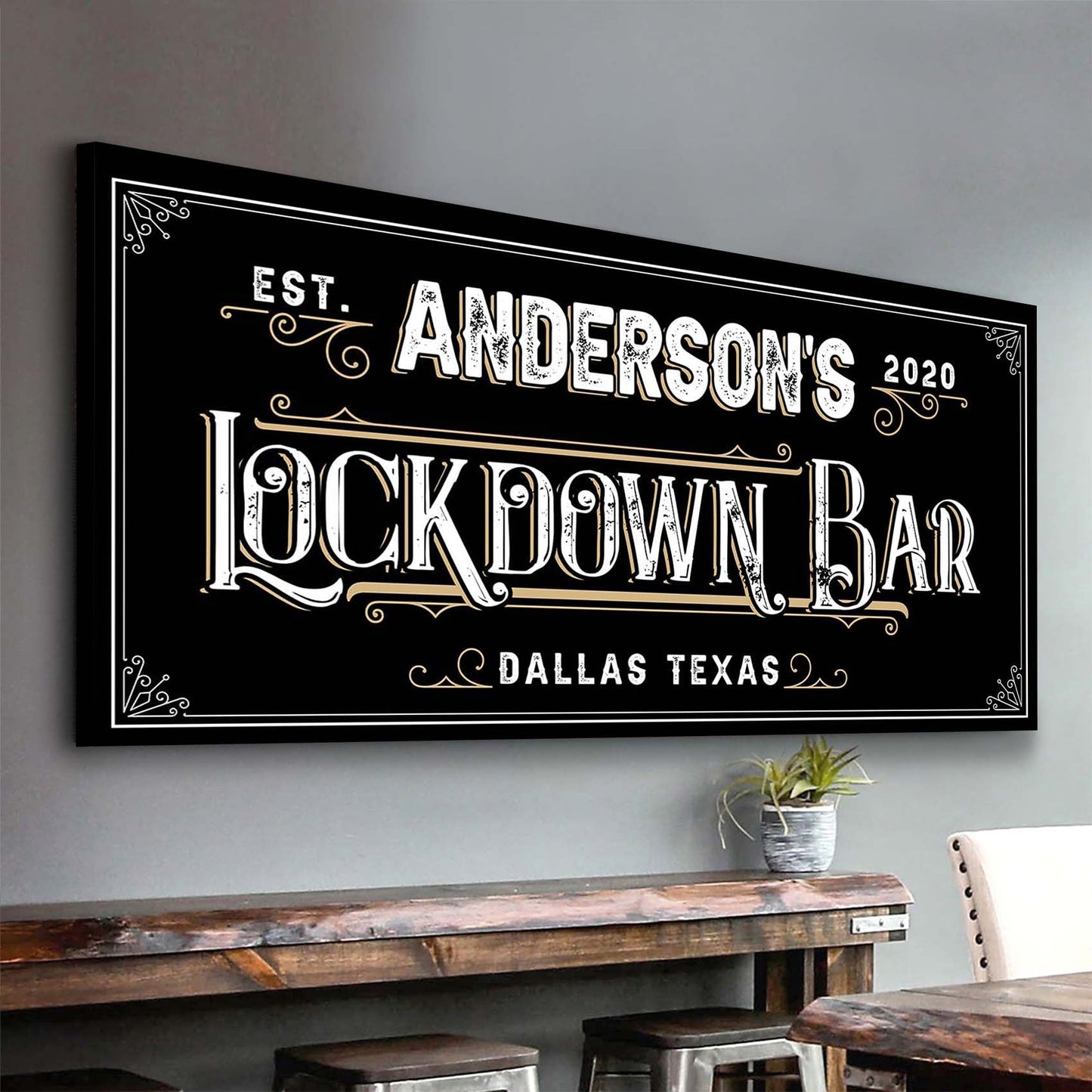 Lockdown Bar Sign canvas wall art on black with white typography Tailored Canvases Dallas on Tampa Home & Garden Store