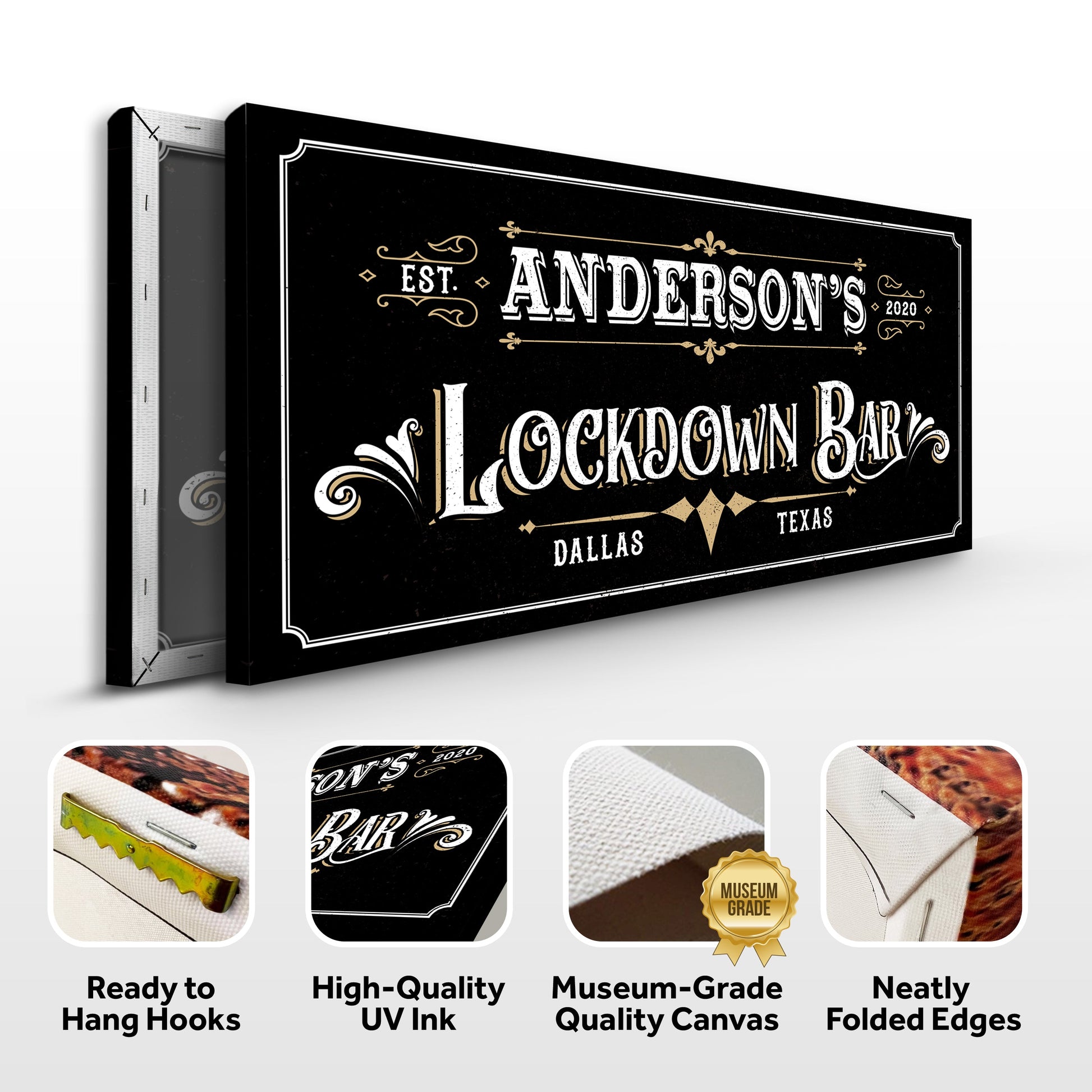 Lockdown Bar Sign canvas by Tailored Canvases with ornate white border and gold accents on Tampa Home & Garden Store
