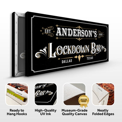 Lockdown Bar Sign canvas by Tailored Canvases with ornate white border and gold accents on Tampa Home & Garden Store