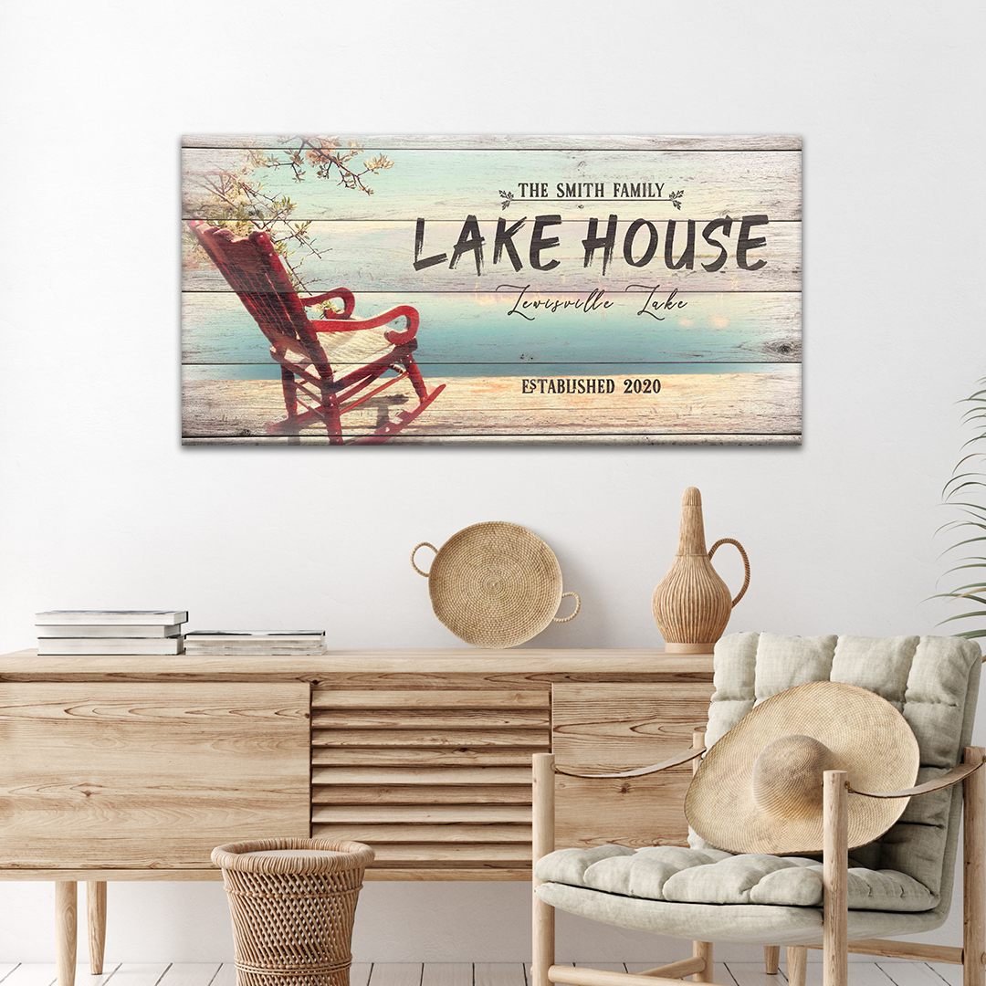 Vintage Lake House Sign canvas art with rustic wood planks and pastel tones on Tampa Home & Garden Store