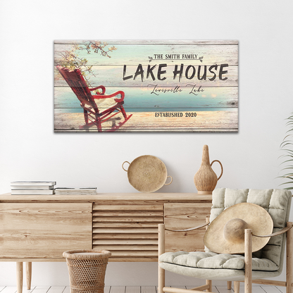Vintage Lake House Sign canvas art with rustic wood planks and pastel tones on Tampa Home & Garden Store