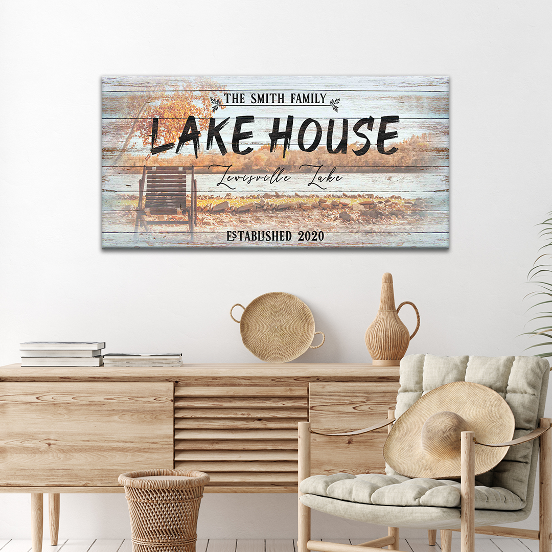 Vintage Lake House Sign canvas wall art by Tailored Canvases with weathered blue wood planks on Tampa Home & Garden Store