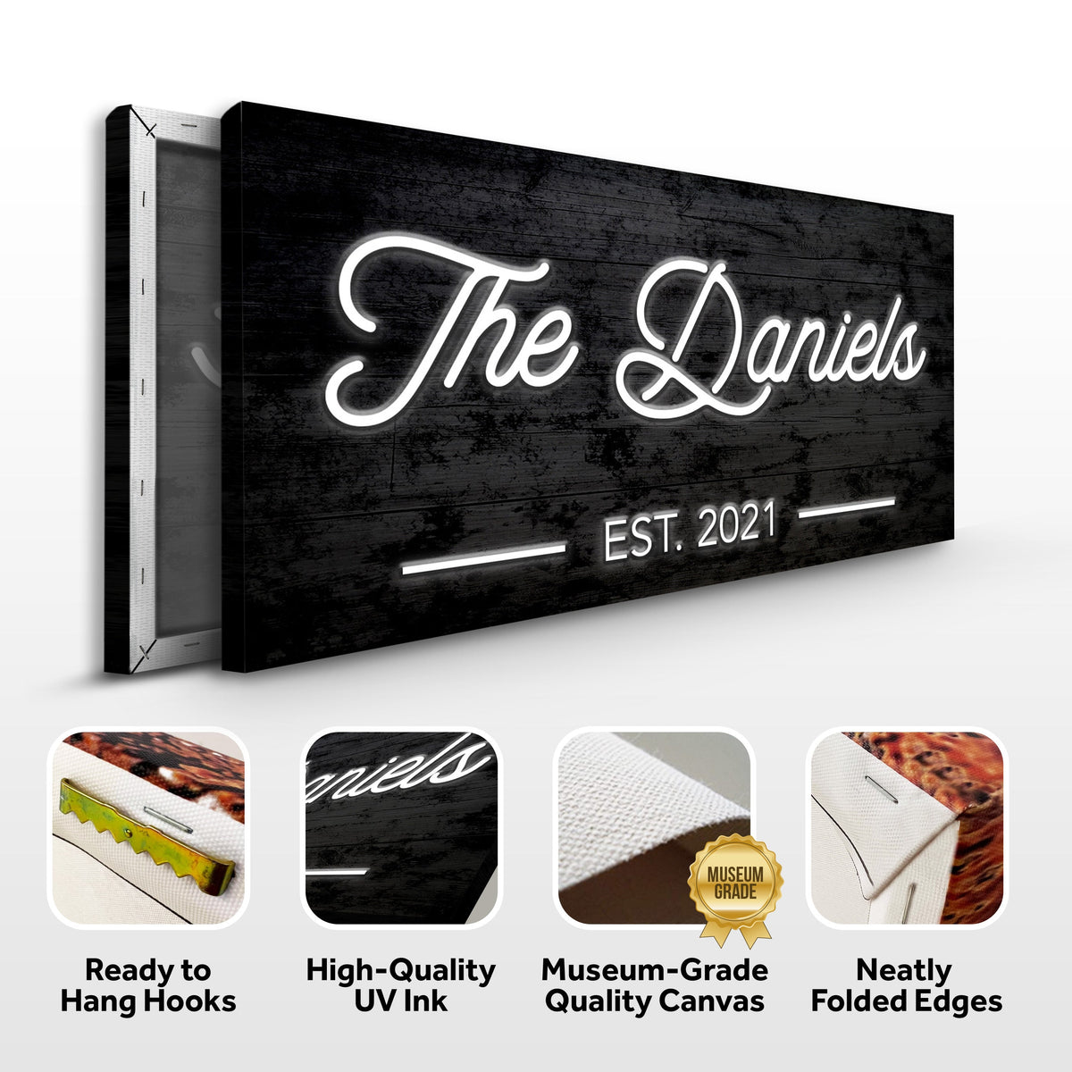 Family Name Sign V canvas with white neon text on black wood background Tailored Canvases on Tampa Home & Garden Store