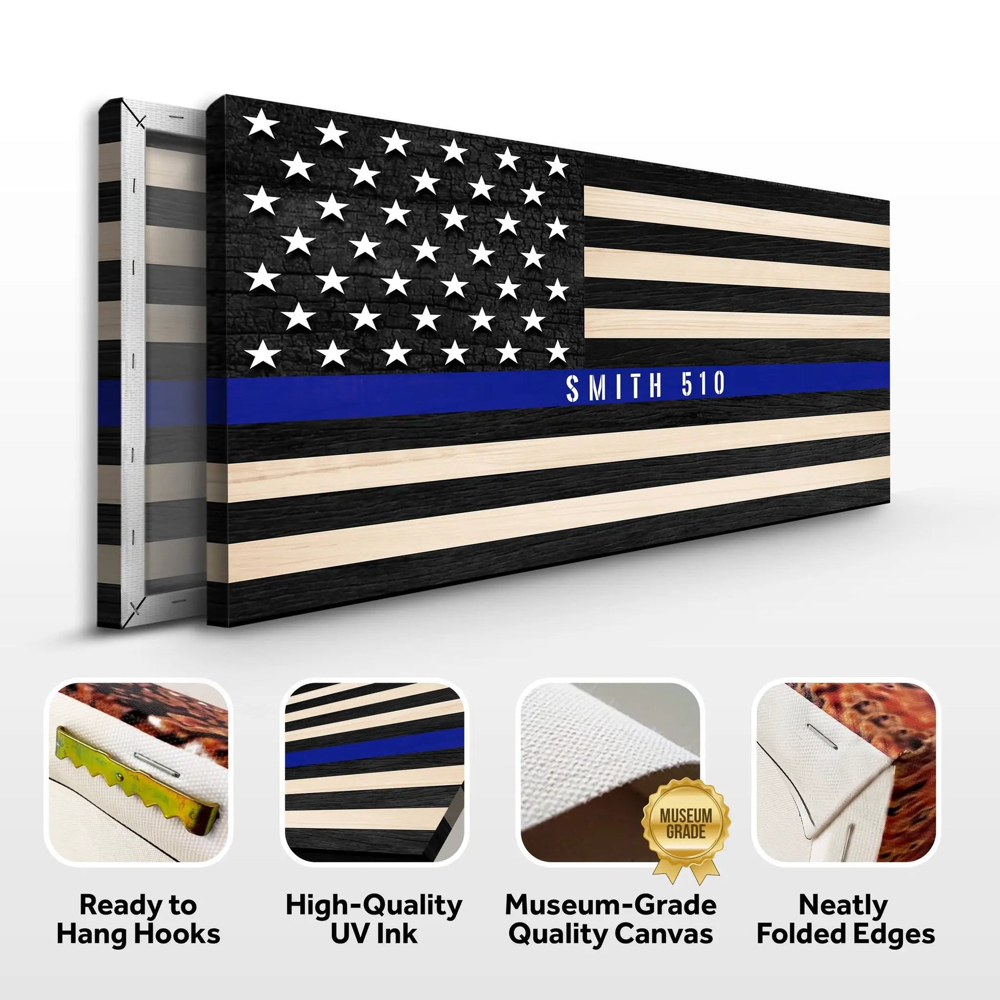Police Officer Sign canvas with black distressed flag, stars and blue stripe Tailored Canvases on Tampa Home & Garden Store