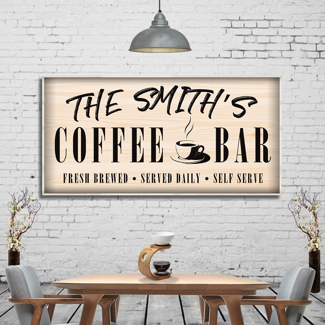 Coffee Bar Sign II canvas wall art with wood grain finish and coffee cup motif by Tailored Canvases on Tampa Home & Garden Store