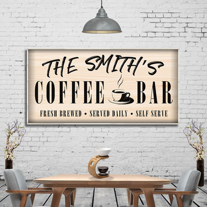 Coffee Bar Sign II canvas wall art with wood grain finish and coffee cup motif by Tailored Canvases on Tampa Home & Garden Store