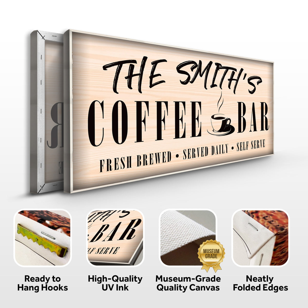 Coffee Bar Sign II crafting canvas by Tailored Canvases with wood grain backdrop and bold typography on Tampa Home & Garden Store