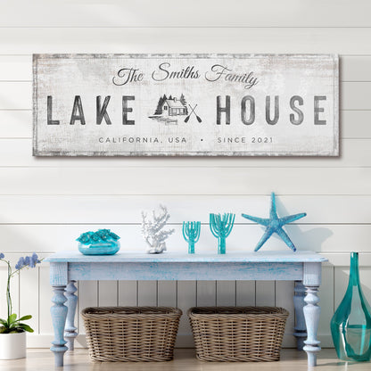 Lake House Cabin Sign Canvas by Tailored Canvases with rustic white finish and cabin motif on Tampa Home & Garden Store