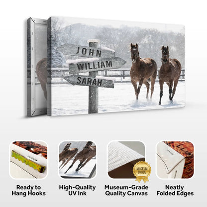 Snow Horses Name Sign canvas; two horses beside rustic wooden sign with John William Sarah on Tampa Home & Garden Store
