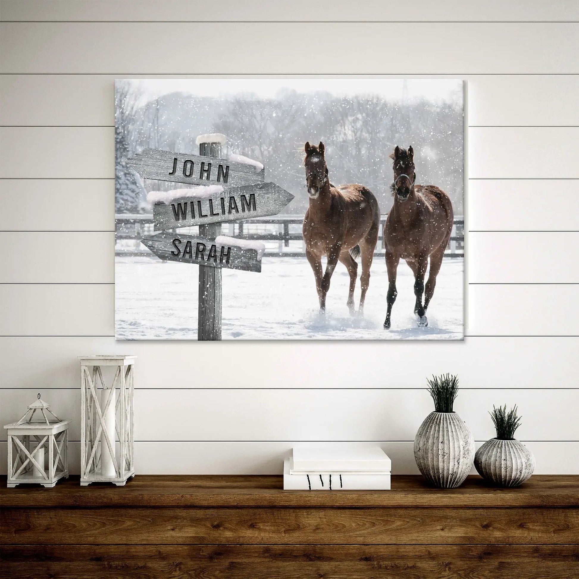 Snow Horses Name Sign canvas by Tailored Canvases; snow scene with two horses and signpost on Tampa Home & Garden Store