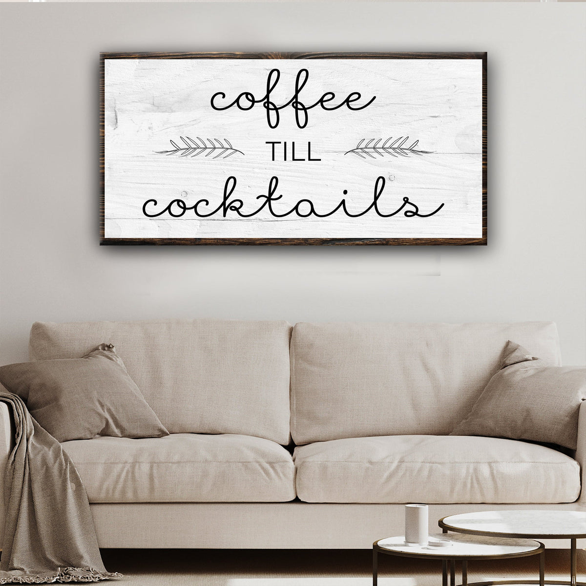 Canvas sign Coffee Till Cocktails Sign II on whitewashed wood with black script framed on Tampa Home & Garden Store