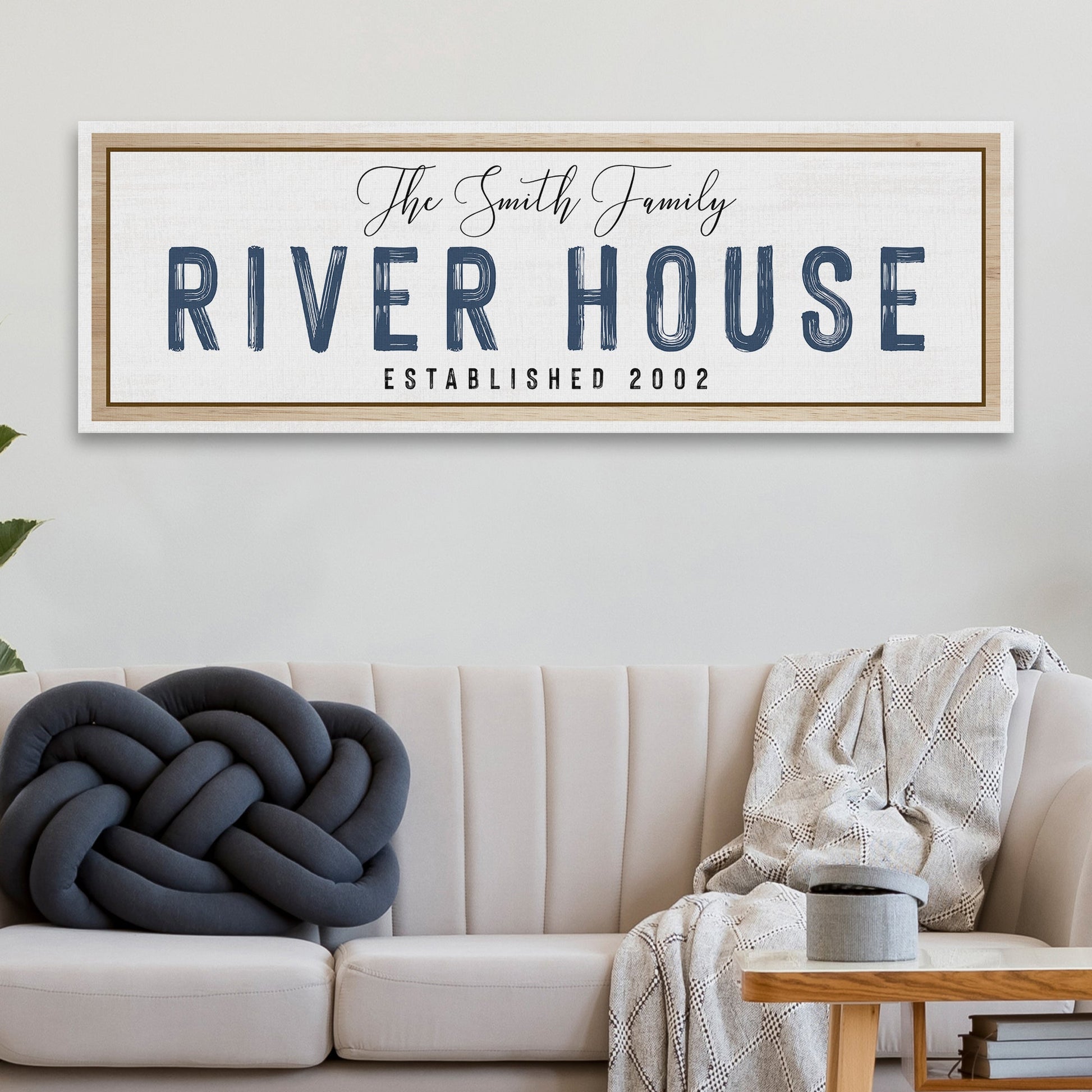 River House Sign crafting canvas wall art with navy letters Tailored Canvases on Tampa Home & Garden Store
