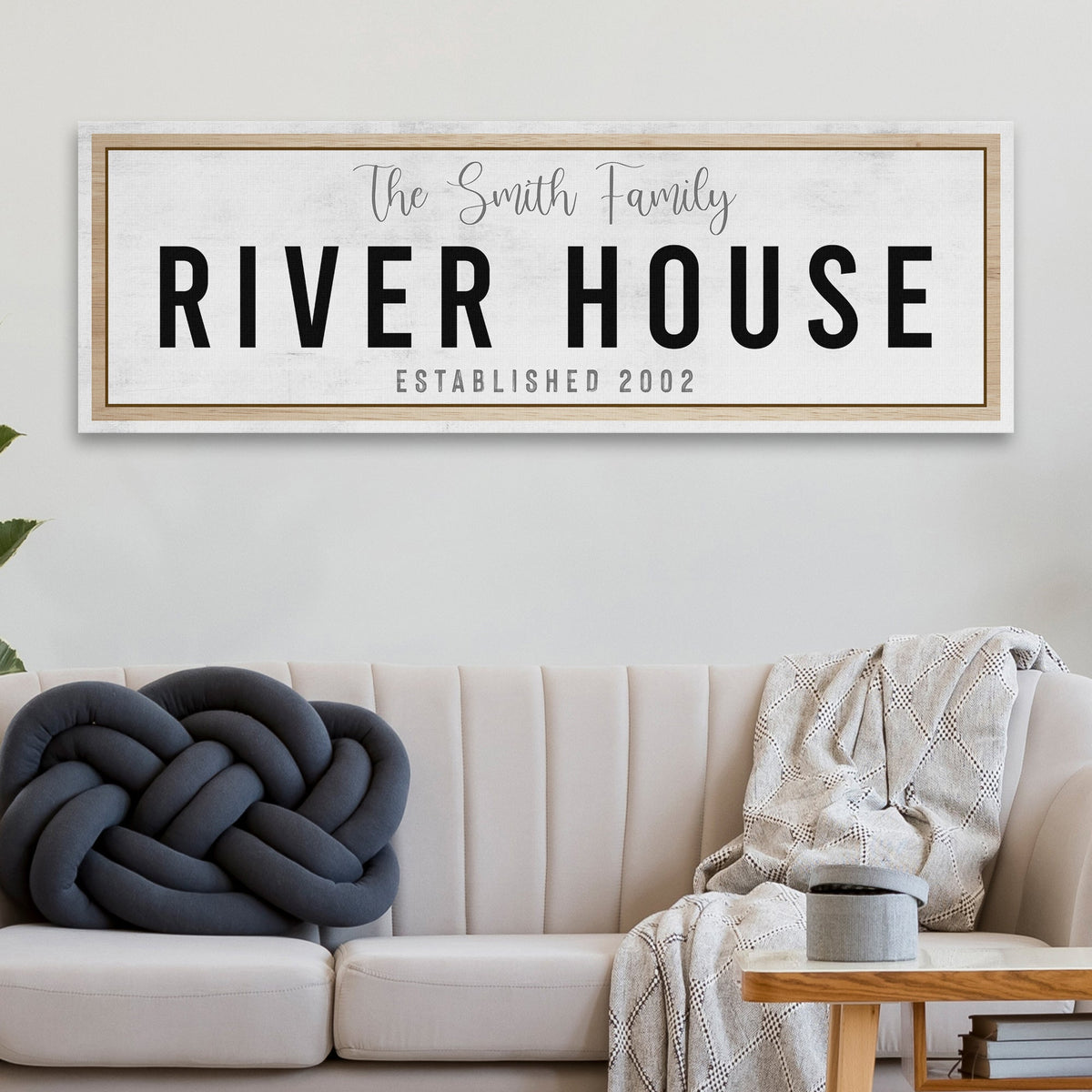 River House Sign canvas wall art with wood frame and bold black lettering on Tampa Home & Garden Store