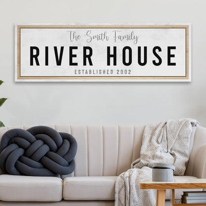 River House Sign canvas wall art with wood frame and bold black lettering on Tampa Home & Garden Store