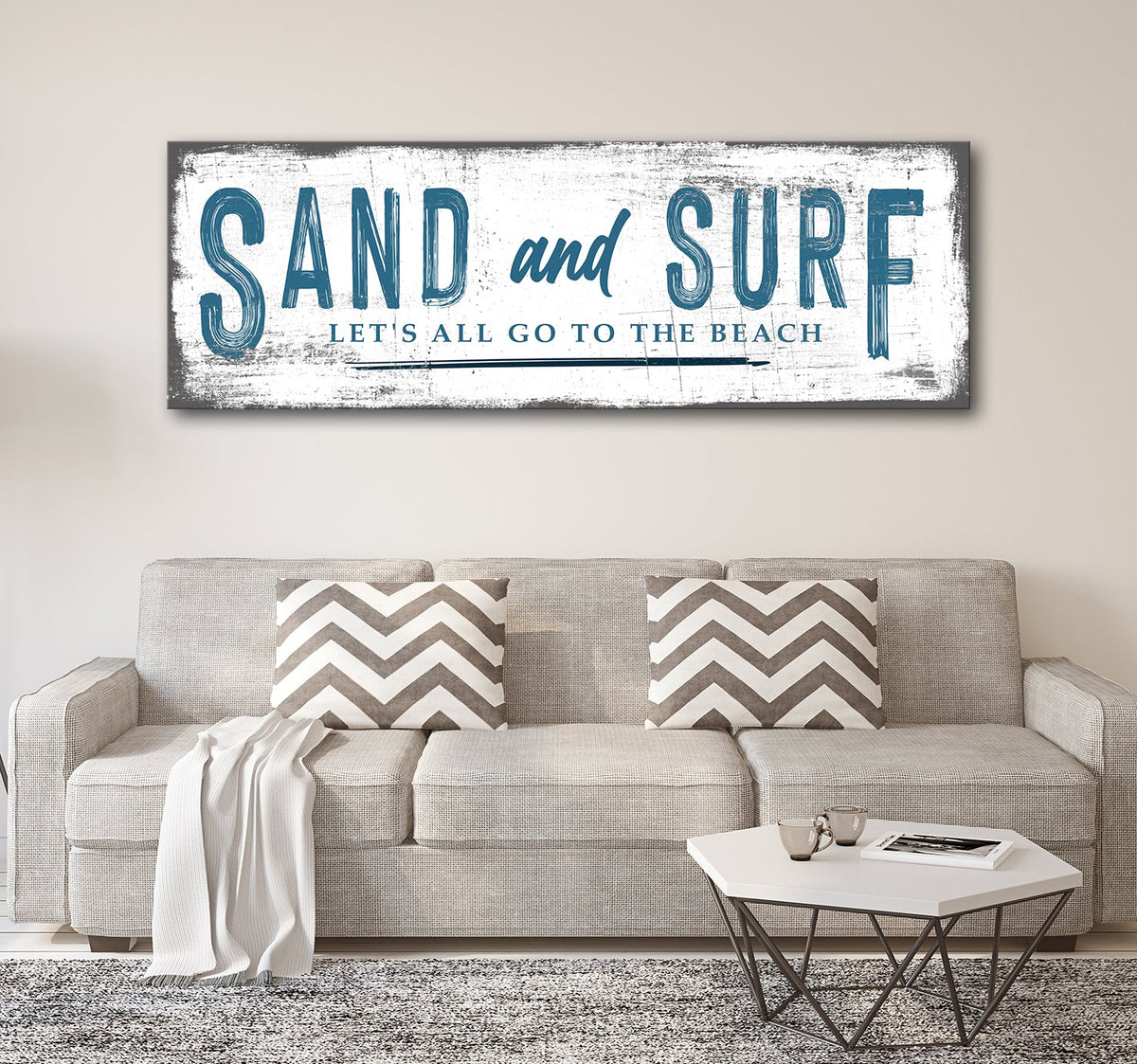 Sand And Surf sign canvas wall art in teal on a distressed white background by Tailored Canvases on Tampa Home & Garden Store
