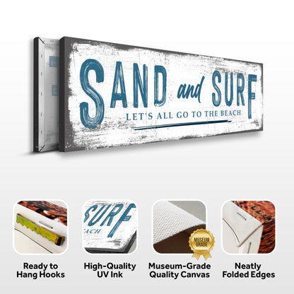 Sand And Surf Sign canvas with distressed white background and blue lettering on Tampa Home & Garden Store