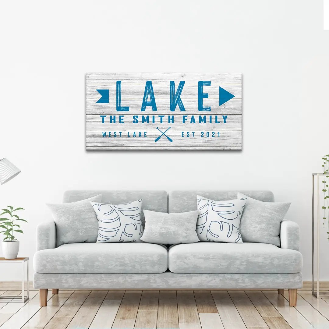 Canvas wall art Wooden Lake Arrow Sign by Tailored Canvases on distressed wood with blue typography and arrows on Tampa Home & Garden Store